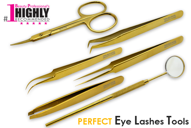 "6-piece professional lash extension kit featuring 4 specialized tweezers (Isolation, Volume, Curve, and Boot), 1 fine curved trimming scissors, and a large angled lash inspection mirror."