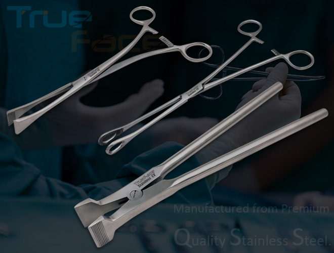 "Green-Armytage uterine hemostatic forceps for surgical clamping and tissue handling. "Stainless steel Beeson Orthopedic Plaster Spreader (30cm) with thin grooved jaws.Straight stainless steel sponge holding forceps 25cm