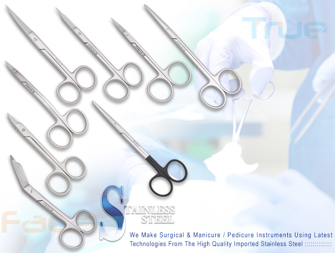 Operating scissors, sharp/blunt, general surgery. Mayo scissors, curved, dissection, heavy-duty. Metzenbaum Scissors, Iris scissors, sharp-sharp, Lister bandage scissors, bandage removal, safety tip, DEAVER, Stevens, De Bakey scissors, Mayo-Stille dissecting scissors.